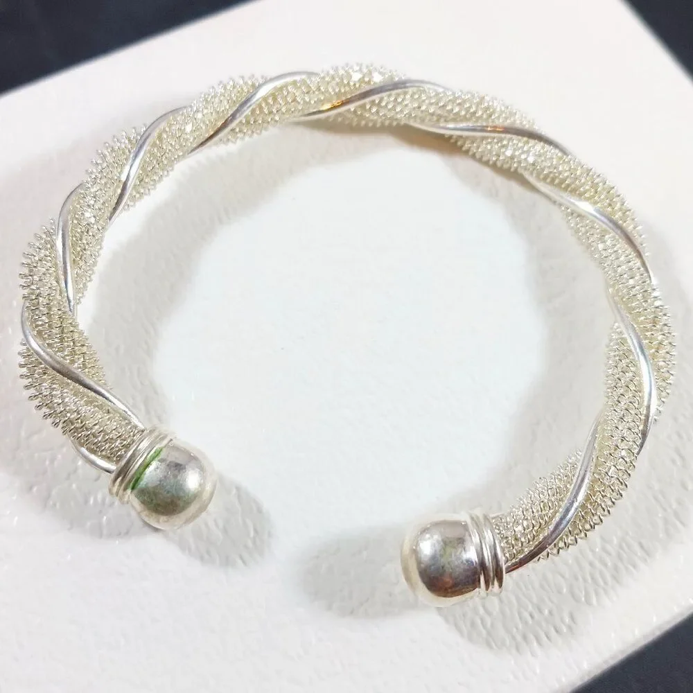 Vintage Silver Tone Twisted Mesh and Wire Cuff Bracelet